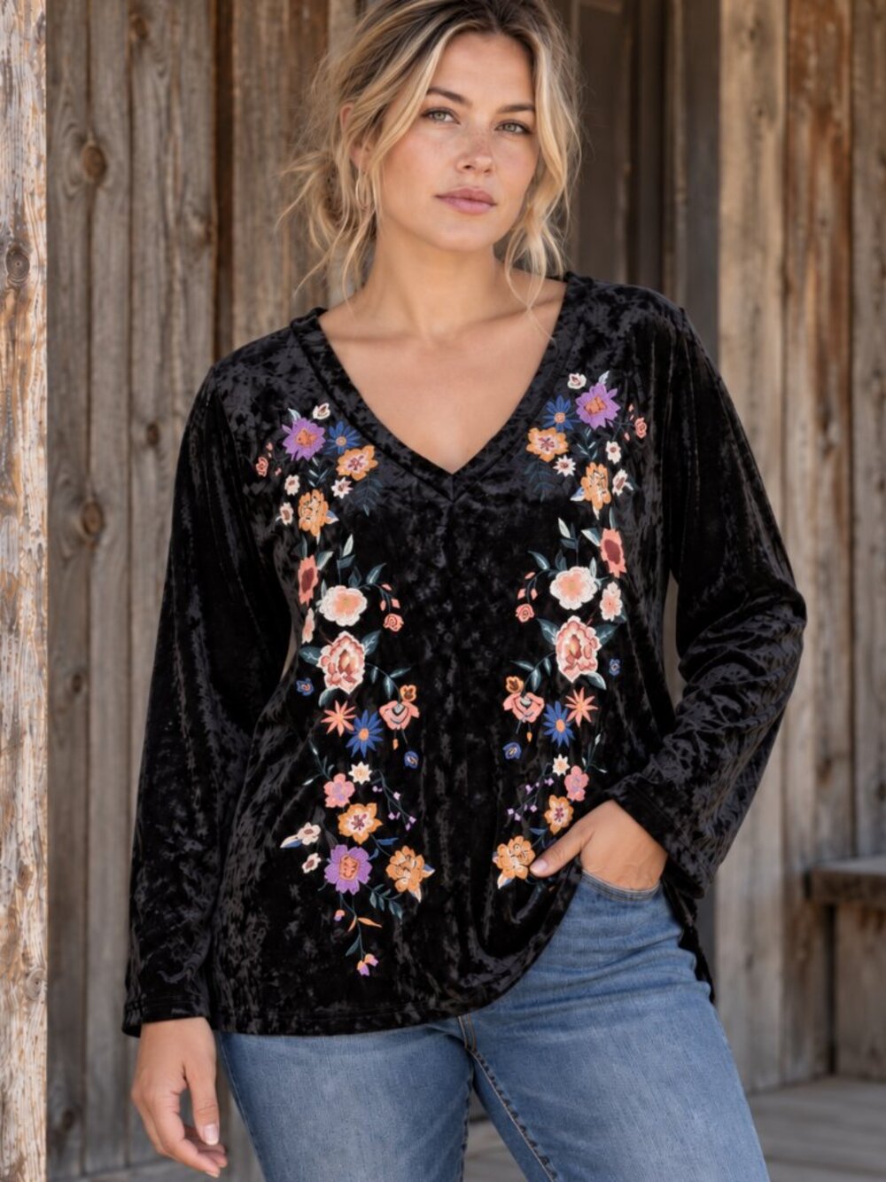 Floral Embroidered Velvet Black Tunic Top 2XL Oddi Whimsigoth Western